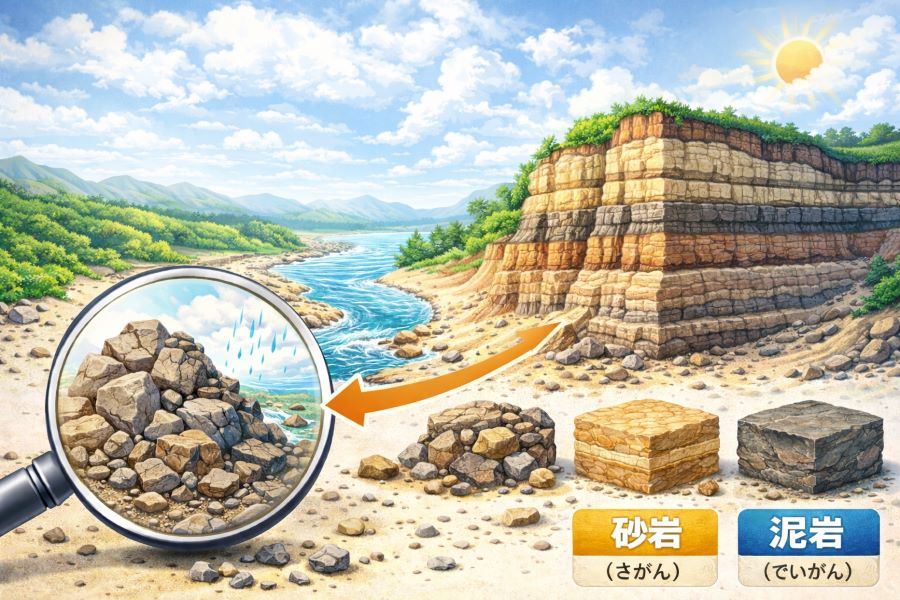 地層のつくりとでき方（風化・運搬・堆積・固結）を示したわかりやすい図解
