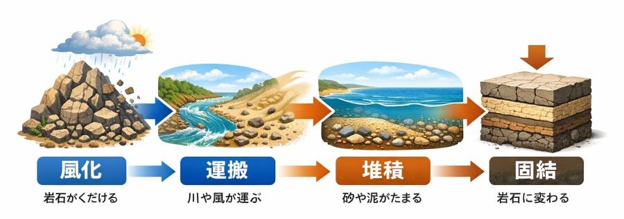 層ができる流れ（風化→運搬→堆積→岩石化）