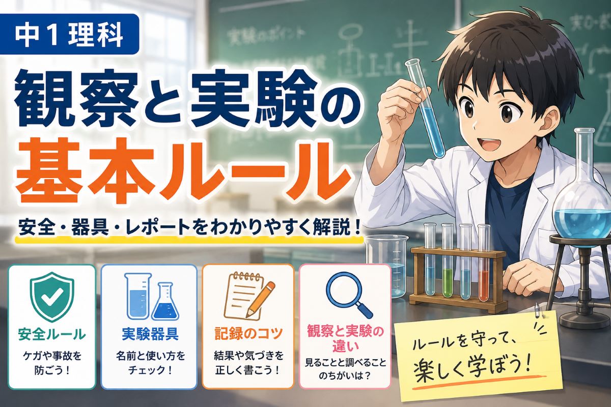中1理科の観察と実験の基本ルールや安全対策・実験器具をわかりやすく解説したアイキャッチ画像