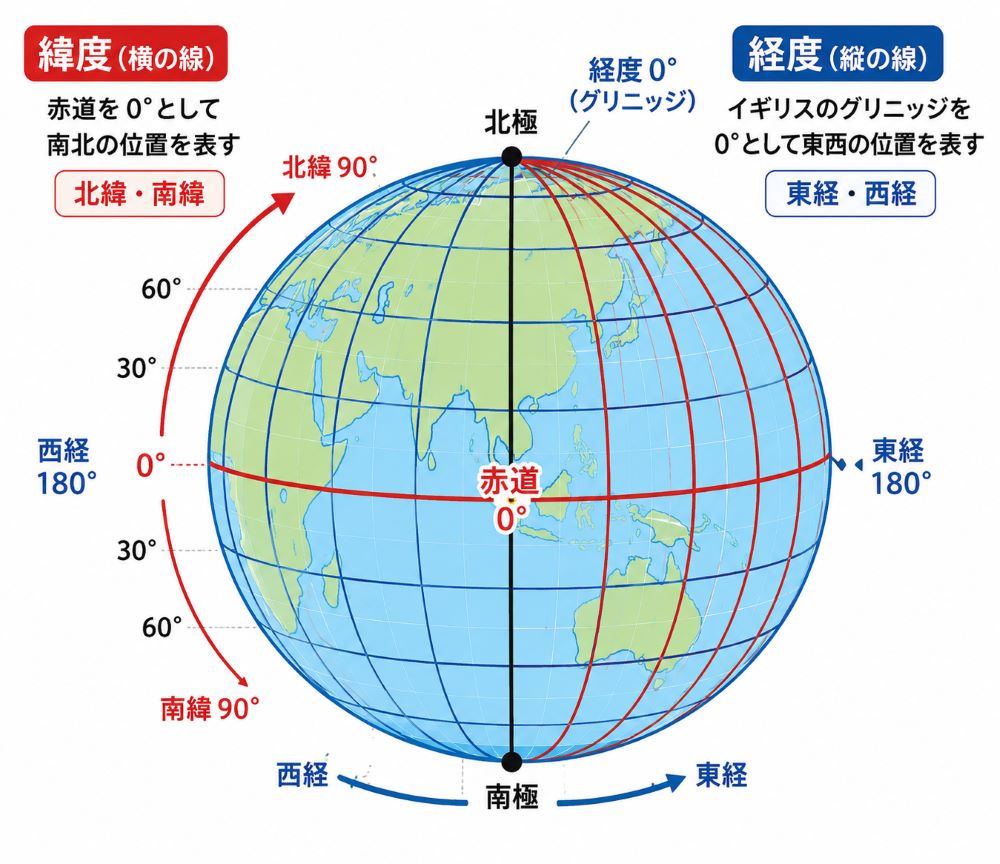 中学生向けの緯度と経度の違いを地球儀でわかりやすく解説した図解