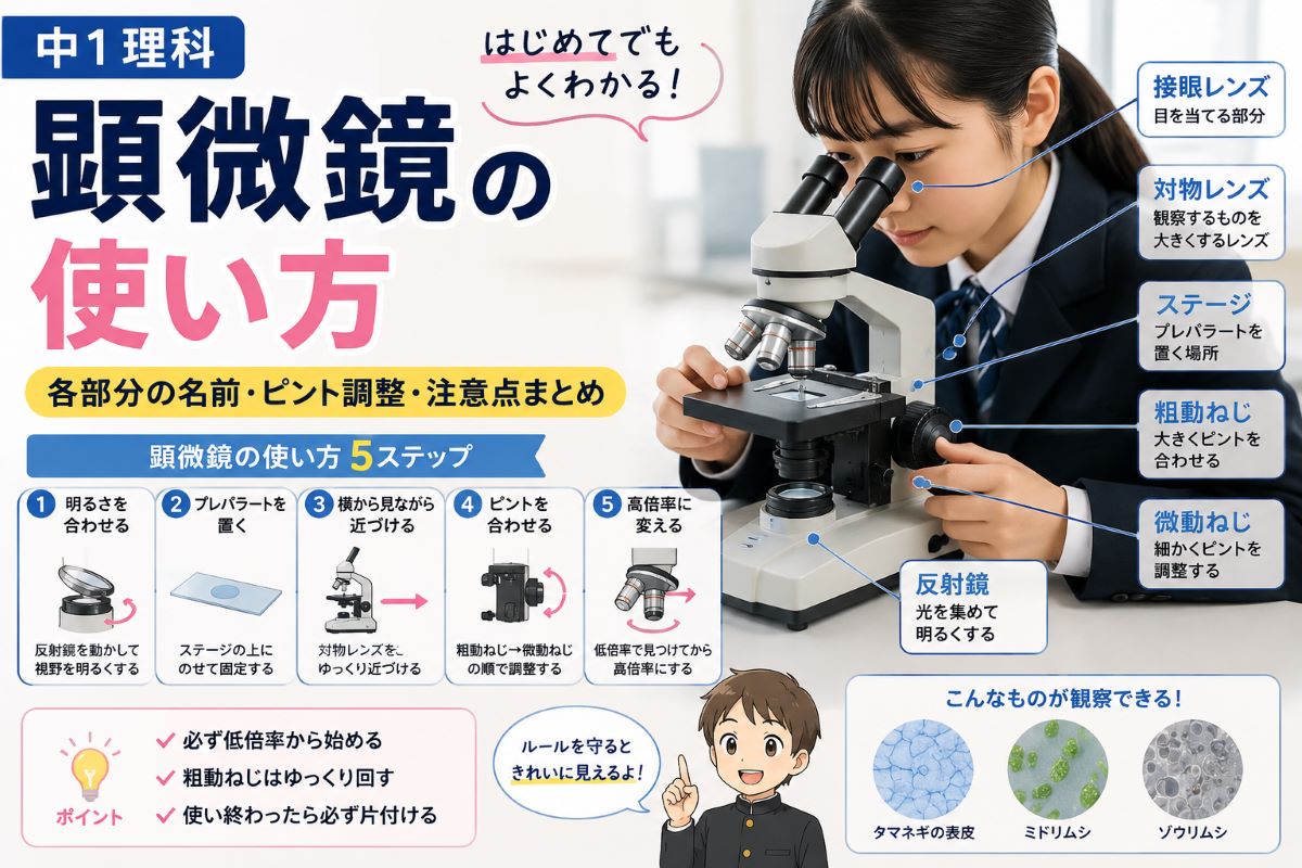 中1理科の顕微鏡の使い方や各部分の名前・ピント調整・観察手順をわかりやすく解説したアイキャッチ画像