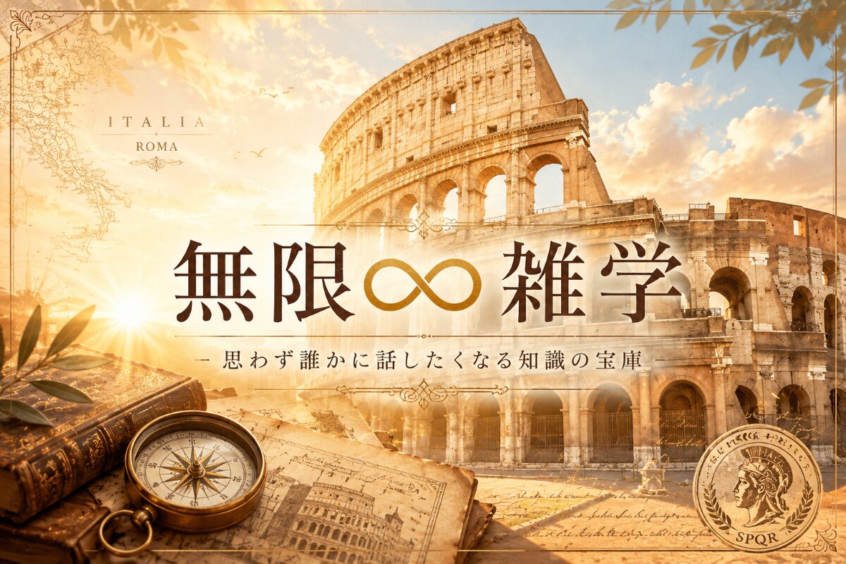 無限∞雑学のアイキャッチ画像 ローマのコロッセオとアンティーク地図をモチーフにしたブラウンデザイン