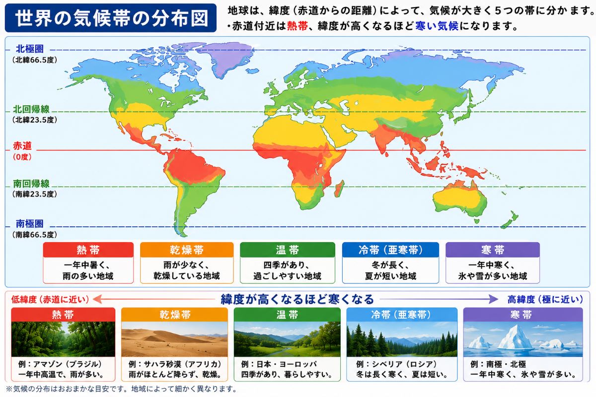 【中1社会】世界の気候帯をわかりやすく解説｜熱帯・乾燥帯・温帯の違いと覚え方まとめ - 無限∞雑学