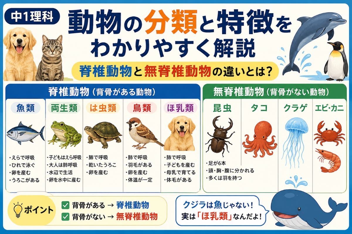 中学1年理科の動物分類と特徴を解説するイラスト