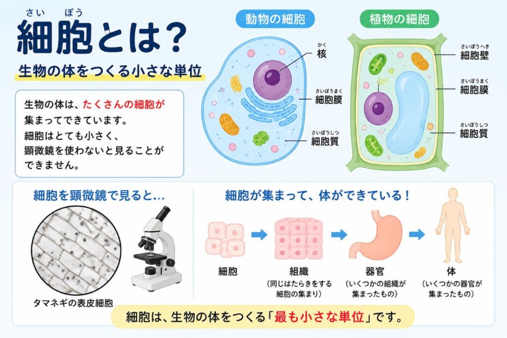 細胞とは何かを解説した中学1年生向け理科の図解。動物細胞と植物細胞の違い、顕微鏡で見た細胞、細胞から組織や器官ができる仕組みを紹介。