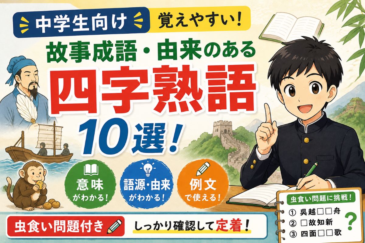 中学生向けの故事成語・由来のある四字熟語10選を紹介する学習用アイキャッチ画像。語源やエピソードから四字熟語を覚えられ、定期テストや高校受験対策に役立つ内容。