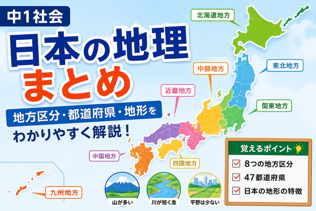 中学1年社会の日本地理まとめを解説する日本地図イラスト