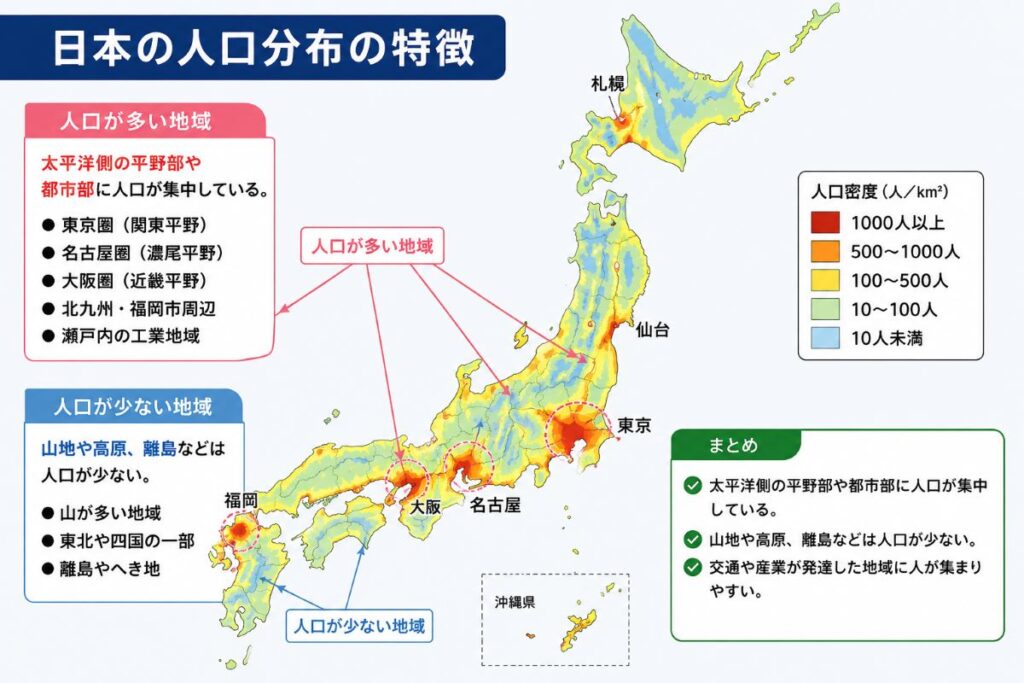 日本の人口分布の特徴をわかりやすく解説した地図と図解