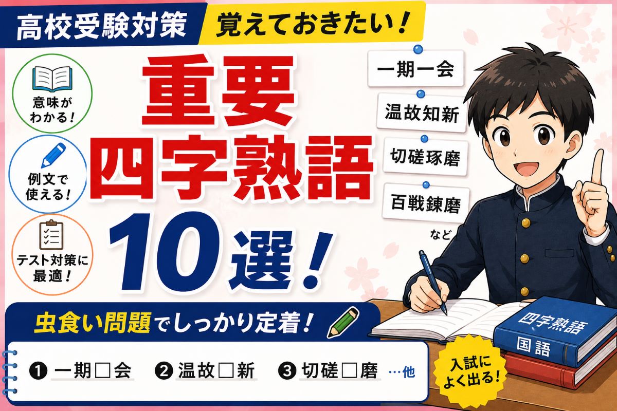高校受験対策におすすめの重要四字熟語10選を紹介する学習用アイキャッチ画像。意味・例文・虫食い問題付きで、定期テストや入試対策に役立つ中学生向け教材。