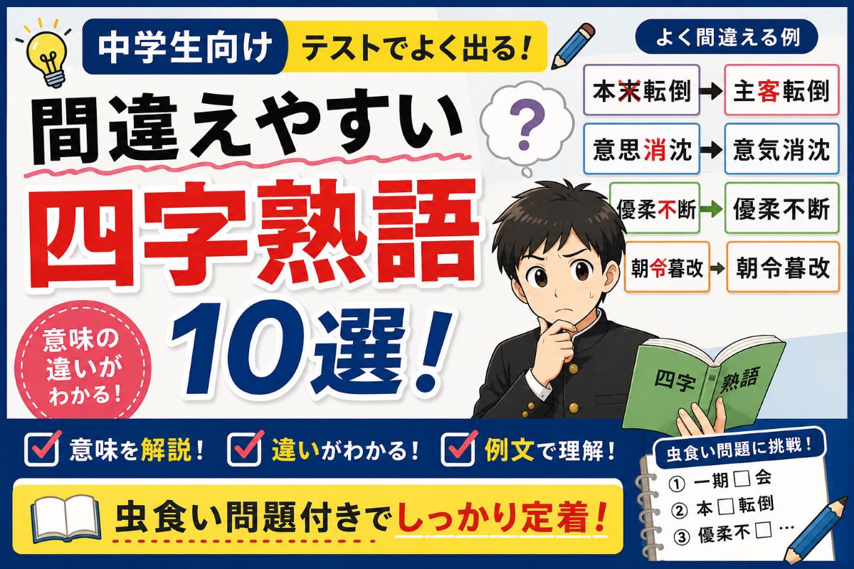 中学生向けの間違えやすい四字熟語10選を解説する学習用アイキャッチ画像。意味の違いや使い分けを例文とともに学び、虫食い問題で確認できるテスト対策向けの内容。