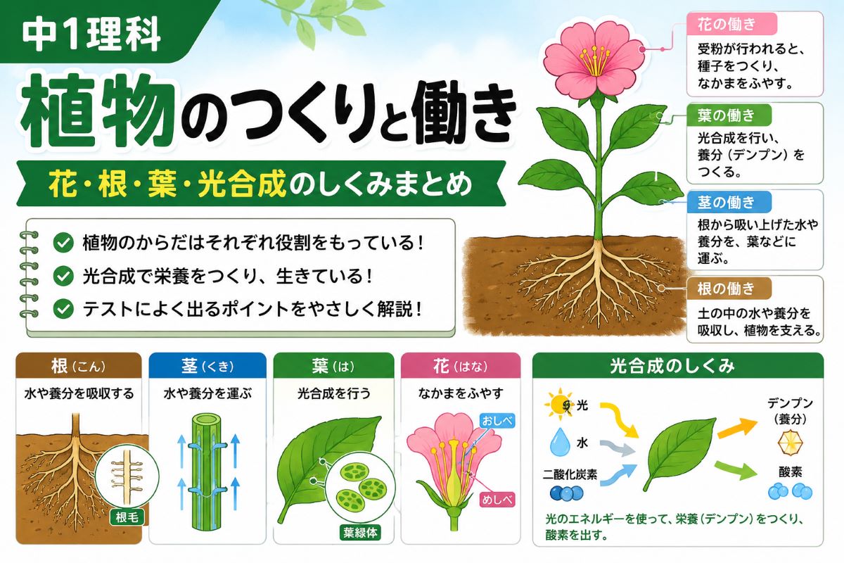 植物のつくりと働きや花・根・葉・光合成のしくみを解説した中1理科の学習図