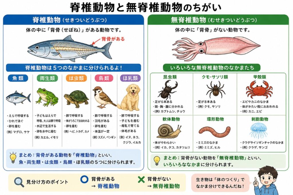 脊椎動物と無脊椎動物の違いを比較した中学1年理科向け解説図