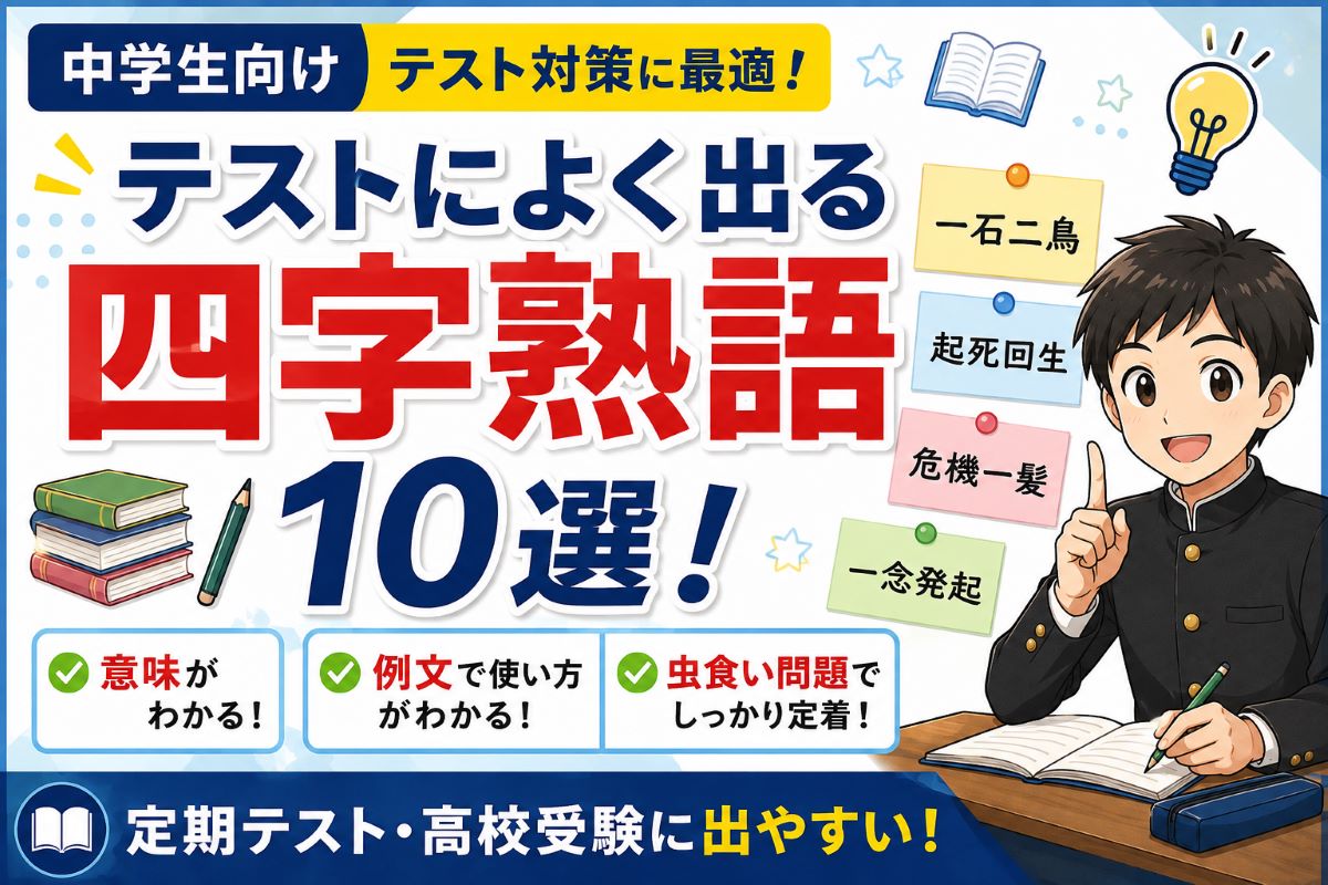 中学生向けのテストによく出る四字熟語10選を紹介する学習用アイキャッチ画像。意味・例文・虫食い問題付きで定期テストや高校受験対策に役立つ内容。