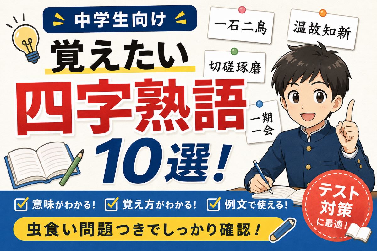 中学生向けの覚えたい四字熟語10選を紹介する学習ブログのアイキャッチ画像。テスト対策向けに意味・覚え方・例文・虫食い問題を掲載。