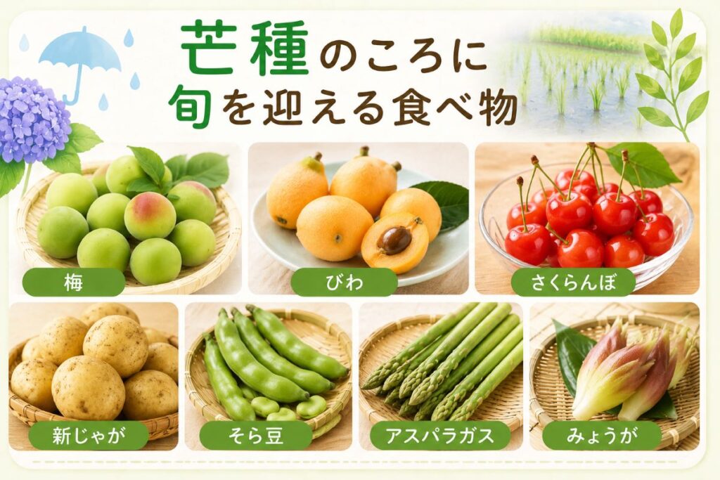 芒種のころに旬を迎える食べ物をわかりやすく紹介した画像。梅・びわ・さくらんぼ・新じゃが・そら豆・アスパラガス・みょうがなど、初夏が旬の食材を一覧でまとめたブログ用イラスト。