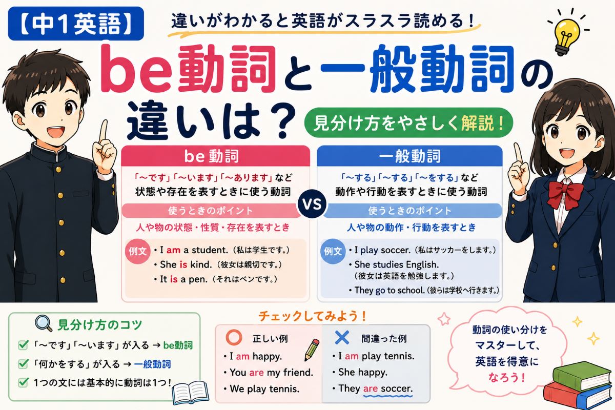 be動詞と一般動詞の違いや見分け方を中学1年生向けにやさしく解説したイメージ