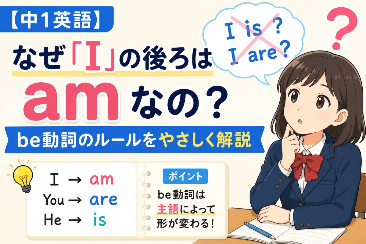 なぜ I の後ろは am なのかを中学1年生向けにやさしく解説したイメージ