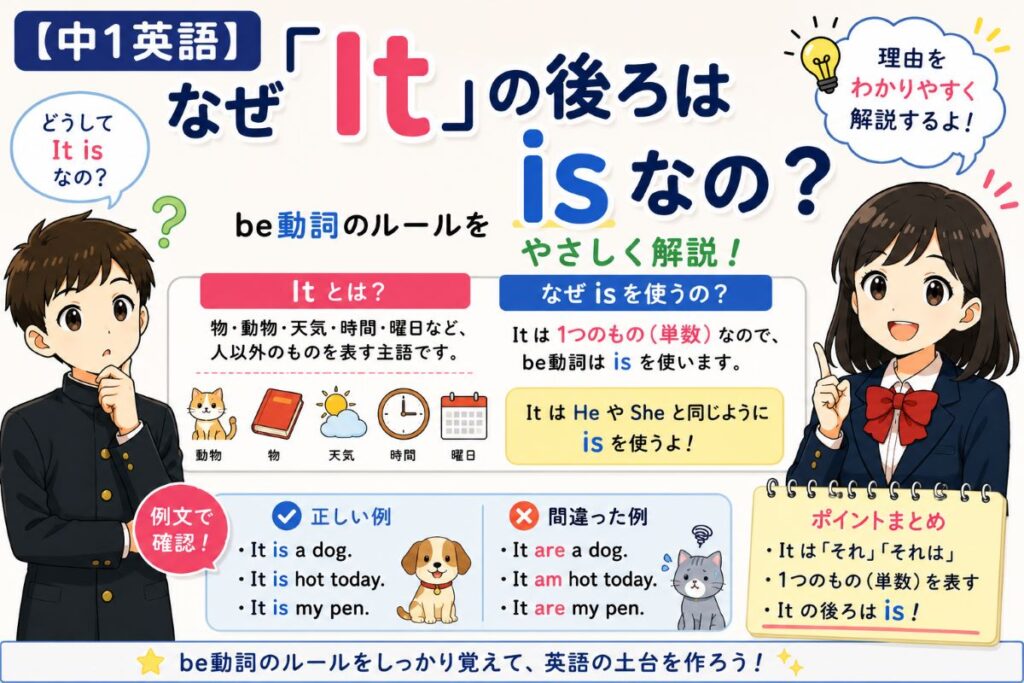 なぜ「It」の後ろはisなのかを中学1年生向けにやさしく解説したイメージ