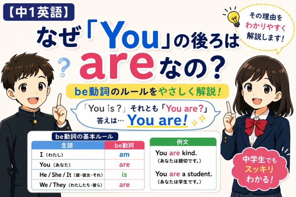 なぜ「You」の後ろはareなのかを中学1年生向けにやさしく解説したイメージ