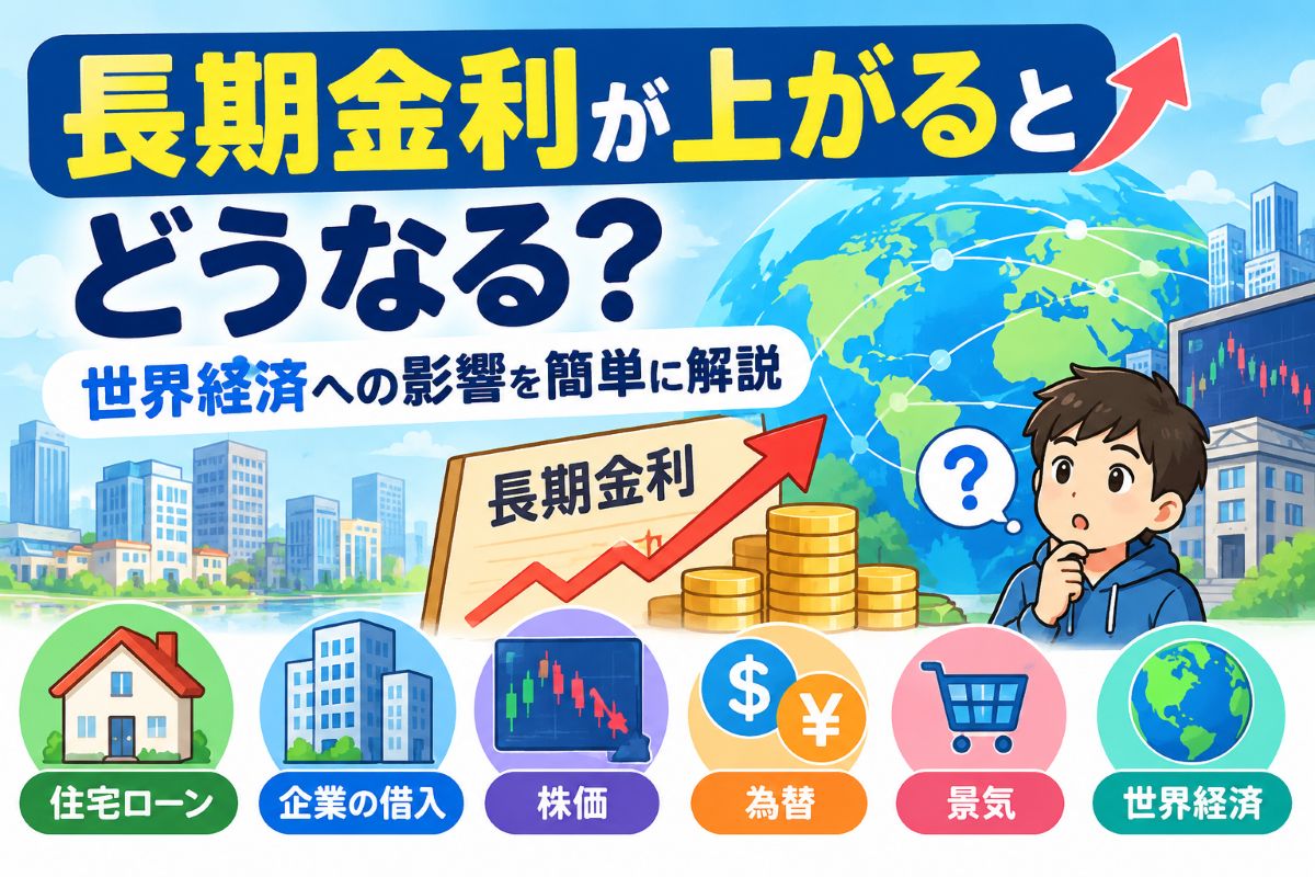 長期金利が上がるとどうなるか、住宅ローンや企業の借入、株価、為替、景気、世界経済への影響をイラストで解説